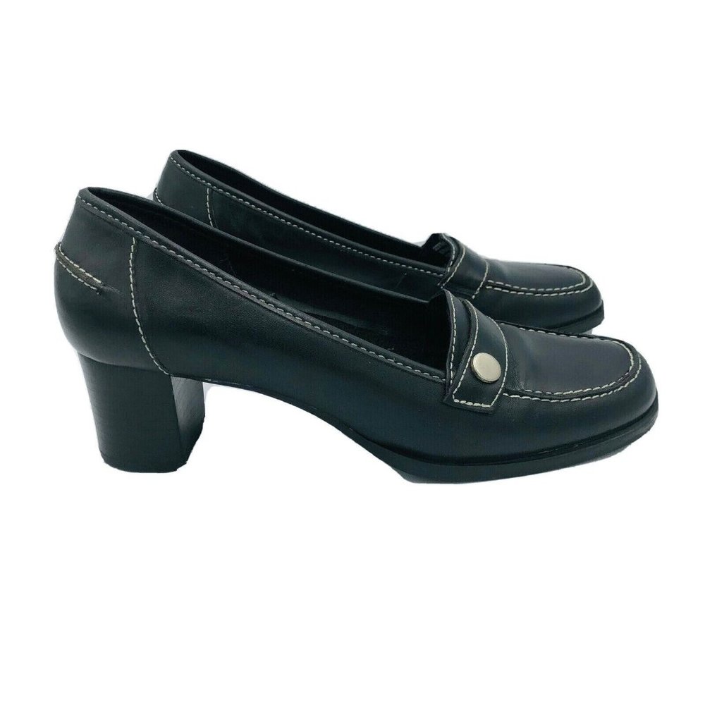 Connie Black Block Heel Loafers with Contrast Stitching